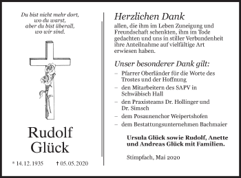 Traueranzeige von Rudolf Glück von Hohenloher Tagblatt