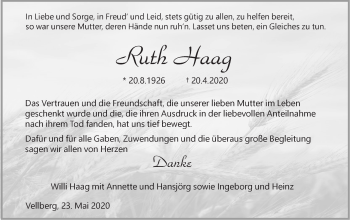 Traueranzeige von Ruth Haag von Haller Tagblatt