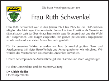 Traueranzeige von Ruth Schwenkel von Metzinger-Uracher Volksblatt