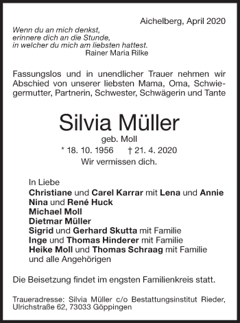 Traueranzeige von Silvia Müller von NWZ Neue Württembergische Zeitung