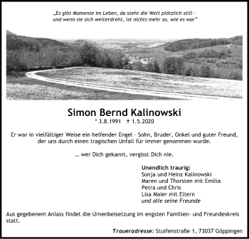 Traueranzeige von Simon Bernd Kalinowski von NWZ Neue Württembergische Zeitung