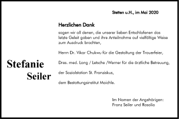 Traueranzeige von Stefanie Seiler von Hohenzollerische Zeitung