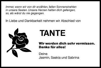 Traueranzeige von Tante  von Hohenloher Tagblatt