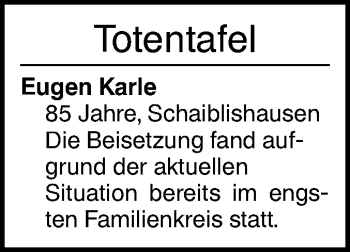 Traueranzeige von Totentafel vom 29.05.2020 von Ehinger Tagblatt