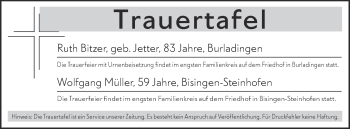 Traueranzeige von Trauertafel vom 20.05.2020 von Hohenzollerische Zeitung