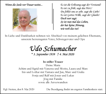 Traueranzeige von Udo Schumacher von Hohenzollerische Zeitung