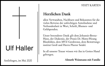 Traueranzeige von Ulf Haller von Hohenloher Tagblatt