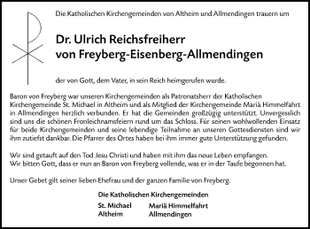 Traueranzeige von Ulrich  Reichsfreiherr von Freyberg-Eisenberg-Allmendingen von Ehinger Tagblatt