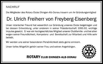 Traueranzeige von Ulrich Freiherr von Freyberg-Eisenberg von Ehinger Tagblatt