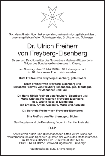 Traueranzeige von Ulrich Freiherr von Freyberg-Eisenberg von SÜDWEST PRESSE Ausgabe Ulm/Neu-Ulm