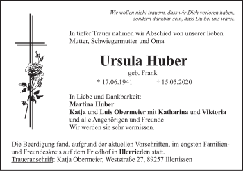 Traueranzeige von Ursula Huber von Illertal Bote