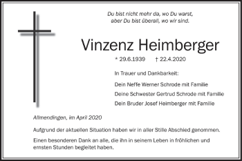 Traueranzeige von Vinzenz Heimberger von Ehinger Tagblatt