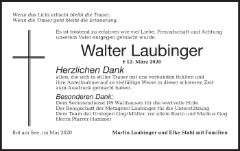 Traueranzeige von Walter Laubinger von Hohenloher Tagblatt