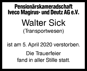 Traueranzeige von Walter Sick von SÜDWEST PRESSE Ausgabe Ulm/Neu-Ulm