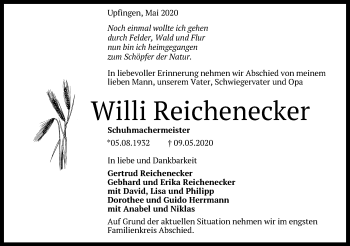 Traueranzeige von Willi Reichenecker von Metzinger-Uracher Volksblatt