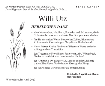 Traueranzeige von Willi Utz von Hohenloher Tagblatt