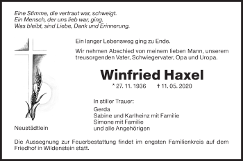 Traueranzeige von Winfried Haxel von Hohenloher Tagblatt