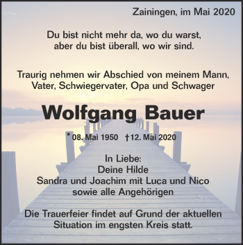 Traueranzeige von Wolfgang Bauer von Alb-Bote/Metzinger-Uracher Volksblatt