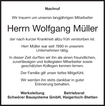 Traueranzeige von Wolfgang Müller von Hohenzollerische Zeitung