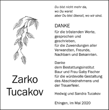 Traueranzeige von Zarko Tucakov von Ehinger Tagblatt