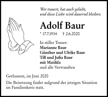 Traueranzeige von Adolf Baur von SÜDWEST PRESSE Ausgabe Ulm/Neu-Ulm