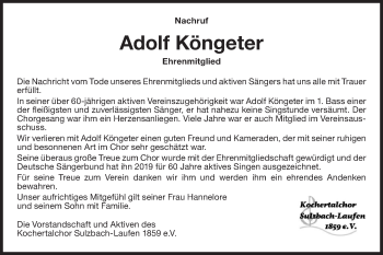 Traueranzeige von Adolf Köngeter von Rundschau Gaildorf