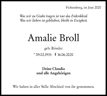 Traueranzeige von Amalie Broll von Rundschau Gaildorf