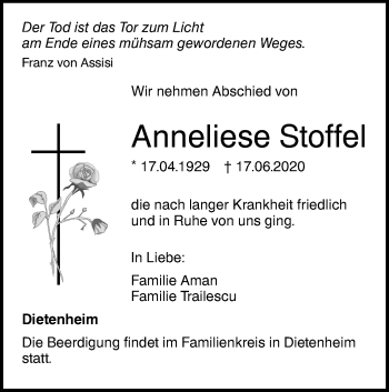 Traueranzeige von Anneliese Stoffel von Illertal Bote