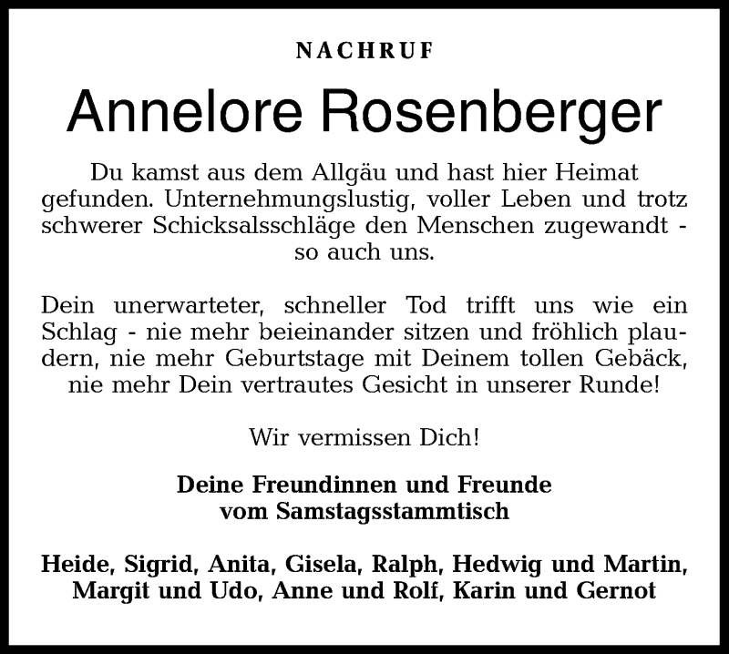  Traueranzeige für Annelore Rosenberger vom 30.06.2020 aus Hohenloher Tagblatt