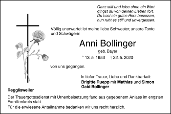 Traueranzeige von Anni Bollinger von Illertal Bote