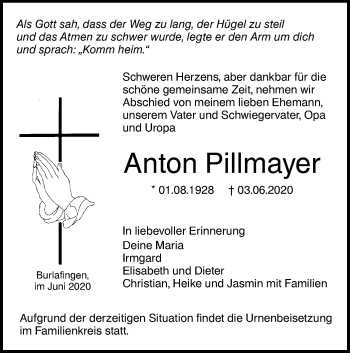 Traueranzeige von Anton Pillmayer von SÜDWEST PRESSE Ausgabe Ulm/Neu-Ulm