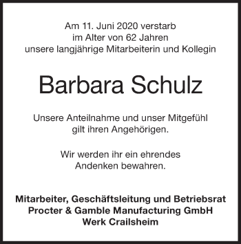 Traueranzeige von Barbara Schulz von Hohenloher Tagblatt