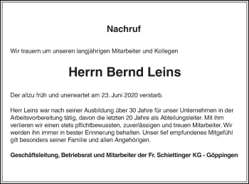 Traueranzeige von Bernd Leins von NWZ Neue Württembergische Zeitung