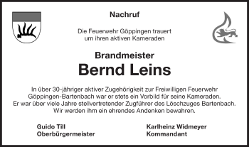 Traueranzeige von Bernd Leins von NWZ Neue Württembergische Zeitung