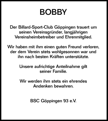 Traueranzeige von Bobby  von NWZ Neue Württembergische Zeitung