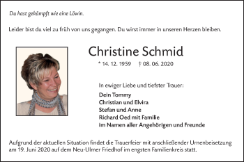 Traueranzeige von Christine Schmid von SÜDWEST PRESSE Ausgabe Ulm/Neu-Ulm