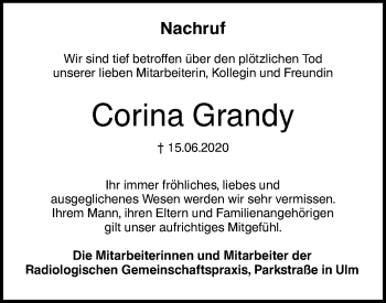 Traueranzeige von Corina Grandy von SÜDWEST PRESSE Ausgabe Ulm/Neu-Ulm