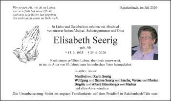 Traueranzeige von Elisabeth Seerig von Geislinger Zeitung