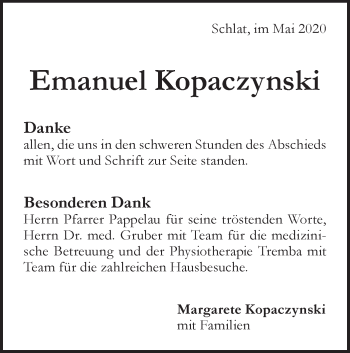 Traueranzeige von Emanuel Kopaczynski von NWZ Neue Württembergische Zeitung