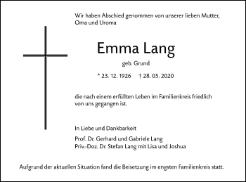 Traueranzeige von Emma Lang von SÜDWEST PRESSE Ausgabe Ulm/Neu-Ulm