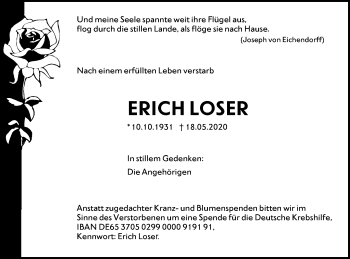 Traueranzeige von Erich Loser von SÜDWEST PRESSE Ausgabe Ulm/Neu-Ulm