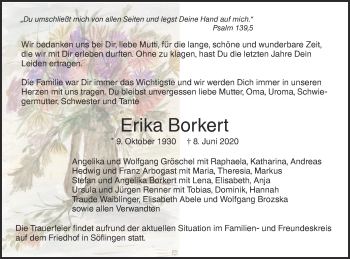 Traueranzeige von Erika Borkert von SÜDWEST PRESSE Ausgabe Ulm/Neu-Ulm