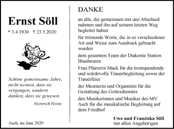 Traueranzeige von Ernst Söll von SÜDWEST PRESSE Ausgabe Ulm/Neu-Ulm