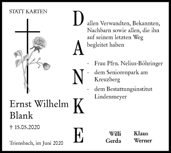 Traueranzeige von Ernst Wilhelm Blank von Hohenloher Tagblatt