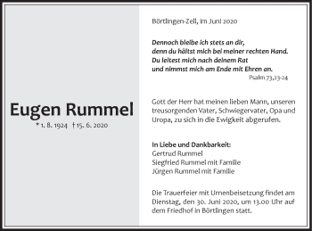 Traueranzeige von Eugen Rummel von NWZ Neue Württembergische Zeitung