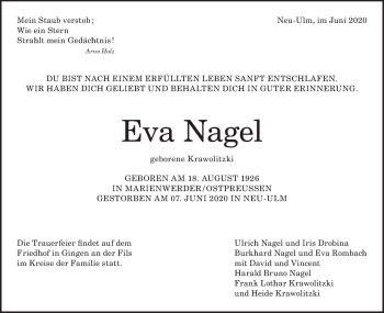 Traueranzeige von Eva Nagel von Geislinger Zeitung