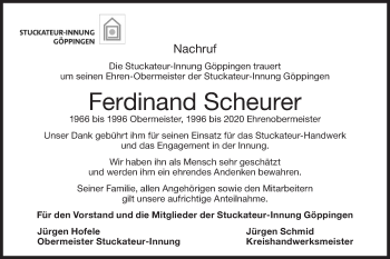 Traueranzeige von Ferdinand Scheurer von NWZ Neue Württembergische Zeitung/Geislinger Zeitung