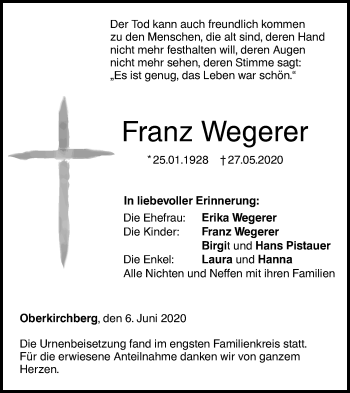 Traueranzeige von Franz Wegerer von SÜDWEST PRESSE Ausgabe Ulm/Neu-Ulm