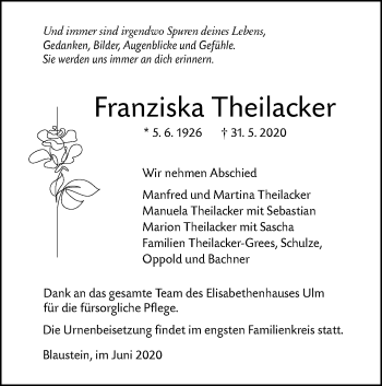 Traueranzeige von Franziska Theilacker von SÜDWEST PRESSE Ausgabe Ulm/Neu-Ulm