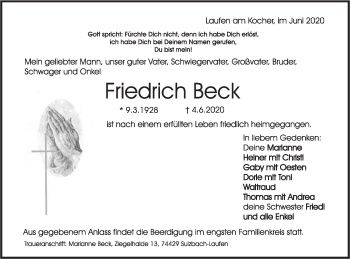 Traueranzeige von Friedrich Beck von Rundschau Gaildorf